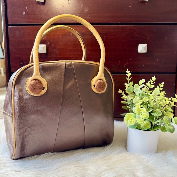 Alejandra's Artisan Leather Yellow & Brown Rare Bowling Bag Style Handbag - Picture 1 of 11